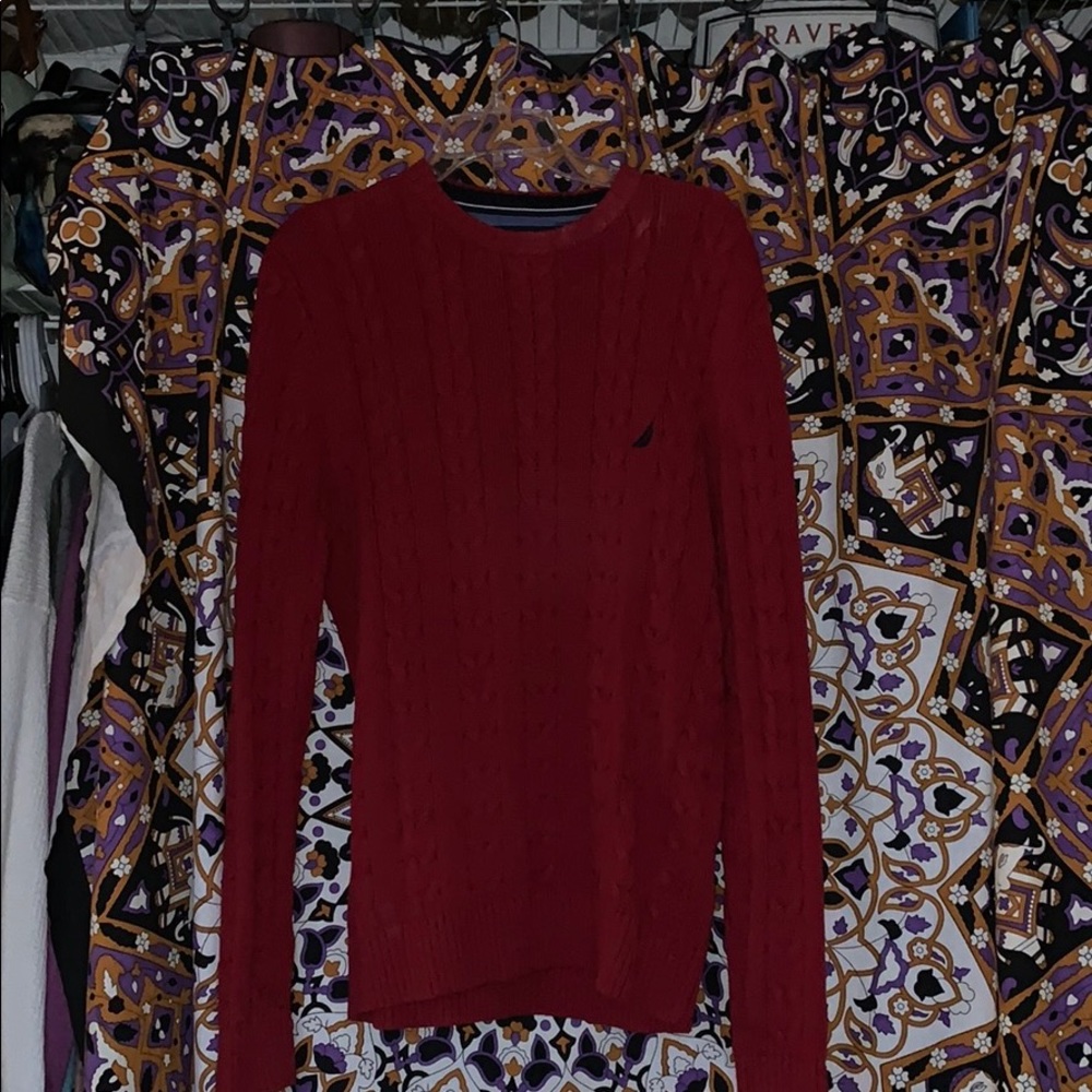 Red Nautica cable knit sweater.